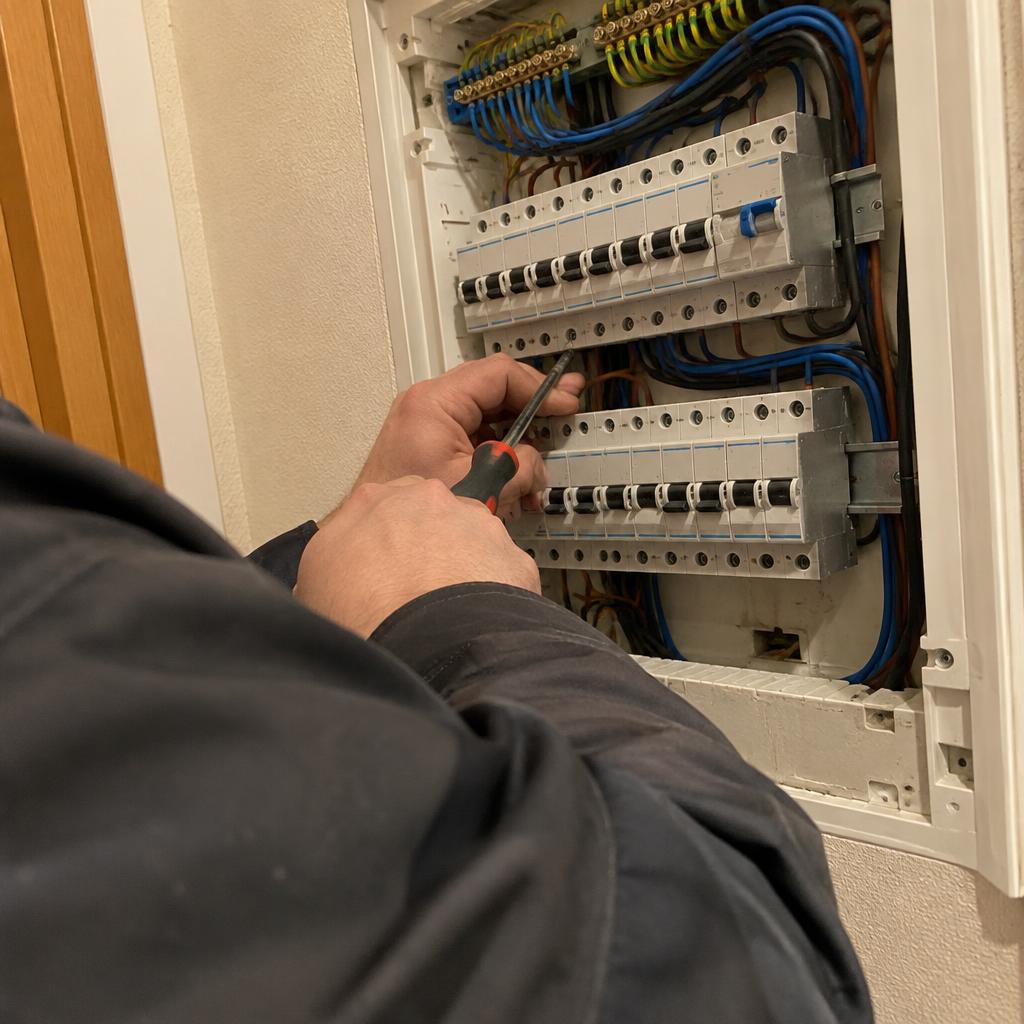 Elektriker arbeitet am geöffneten Sicherungskasten